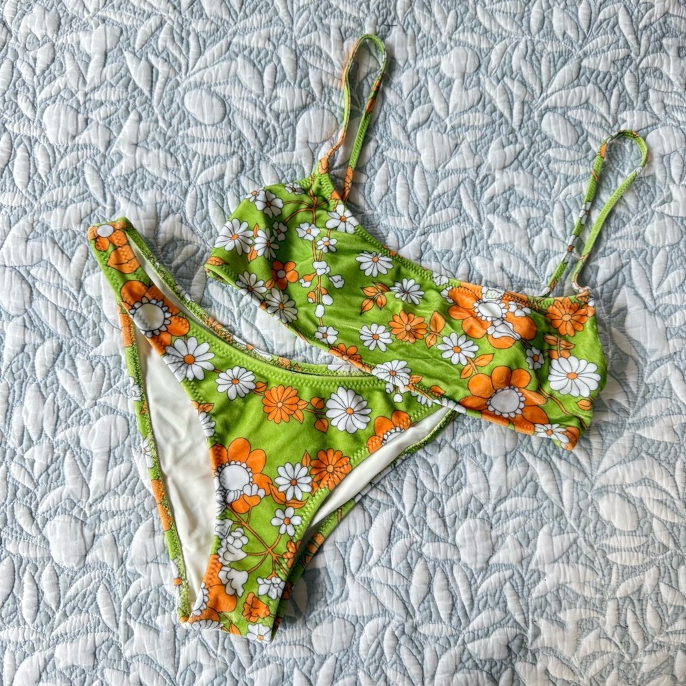 Triangl Floral Green and Orange Bikini Set, Size Small